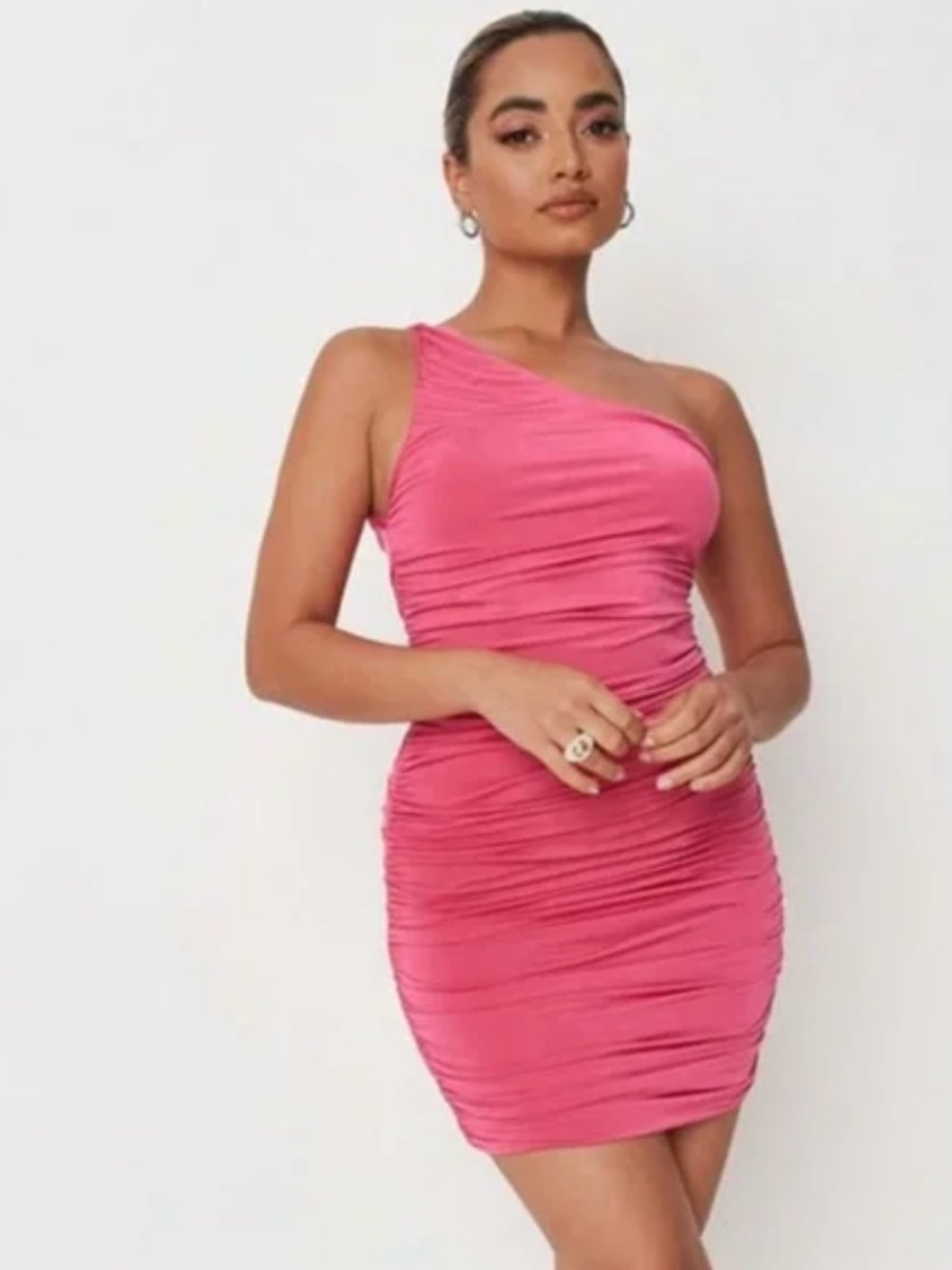 Pink Missguided Velvet One Shoulder Dress